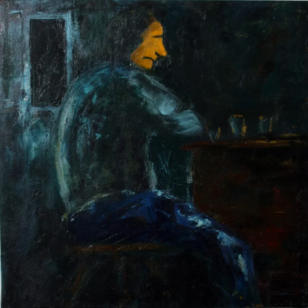 Oil painting of a man drinking alone in a bar